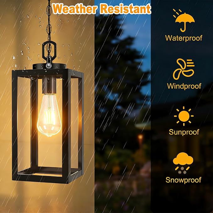13" Dusk to Dawn Outdoor Pendant Light,Exterior Outside Chandelier Hanging Lantern Light, Matte Black with Clear Glass for Front Door,Porch, Gazebo, Garden.