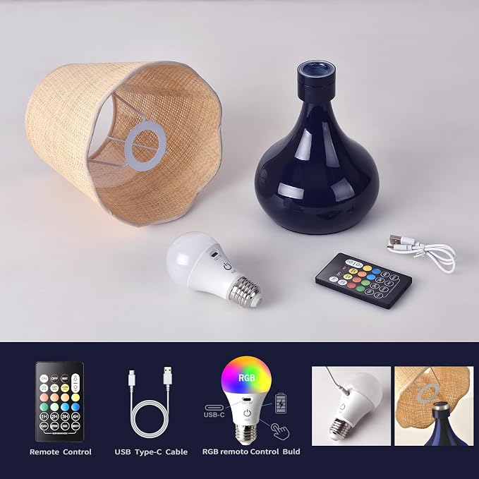 Cordless Table Lamp Rechargeable, Navy Blue Mini Bedroom Lamps for Bedside Nightstand, Rattan Shade Small Table Lamps for Small Spaces for Kitchen Counter, Bookshelf, Home Office, Living Room, Dorm