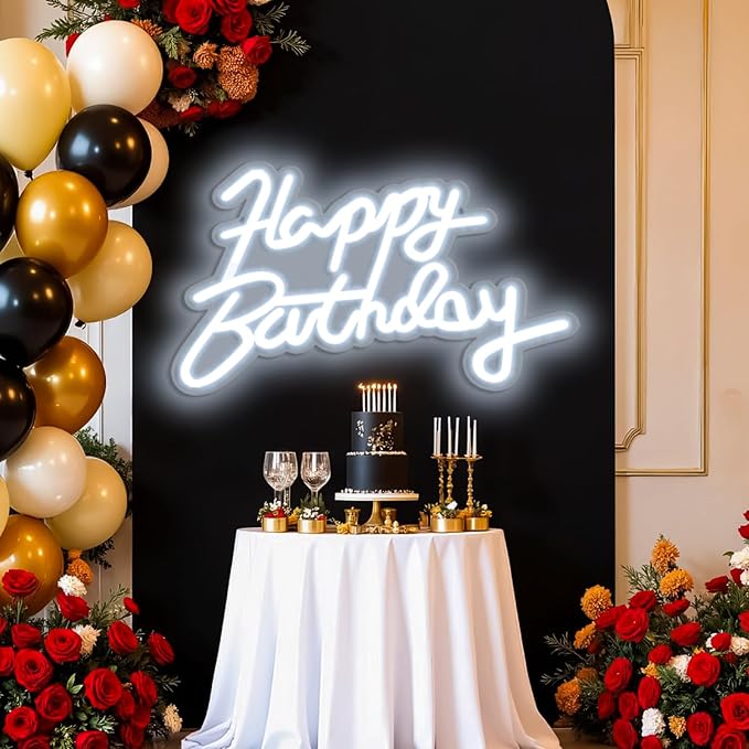 Happy Birthday Neon Sign for Wall Party Decor, LED Happy Birthday Light up Sign for Backdrop, 16"x 11" USB Powered 10 Brightness Settings Light up Signs Party Decorations Backdrop, Cool White