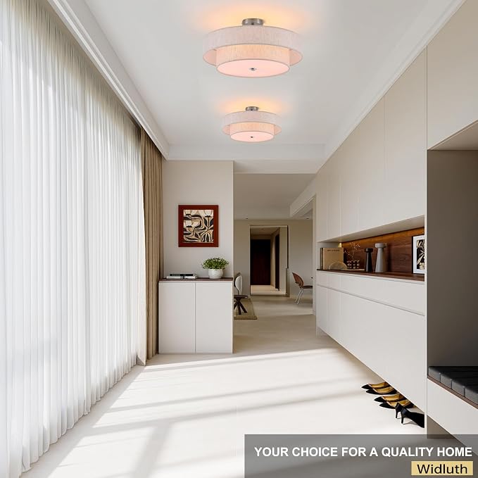 21.7" Large Chrome Flush Mount Ceiling Light, Linen 4-Light Fixture | Beige Linen Double Drum Shade, Modern For Bedroom, Living Room, Kitchen, Dining Room, Nursery,Close-To-Ceiling, E26, Dimmable