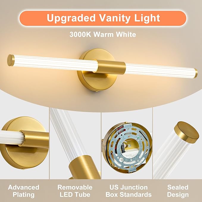 LED Bathroom Light Fixtures, Gold Vanity Lights for Bathroom, 360° Full Lighting Dimmable LED 23 inch Vanity Light Bar Over Mirror, Hardwired Modern Wall Sconce Warm White for Bedroom Living Room