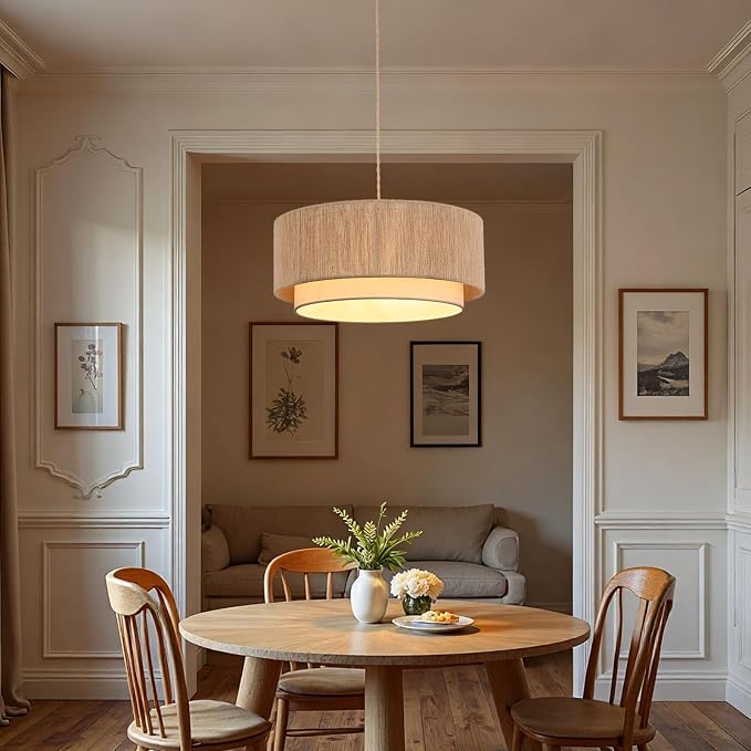 Plug in Pendant Light, 18” Rattan Plug in Chandelier with 15.7FT Light Cord, Hanging Light with Handwoven Hemp Rope Lampshade for Living Room Bedroom Kitchen