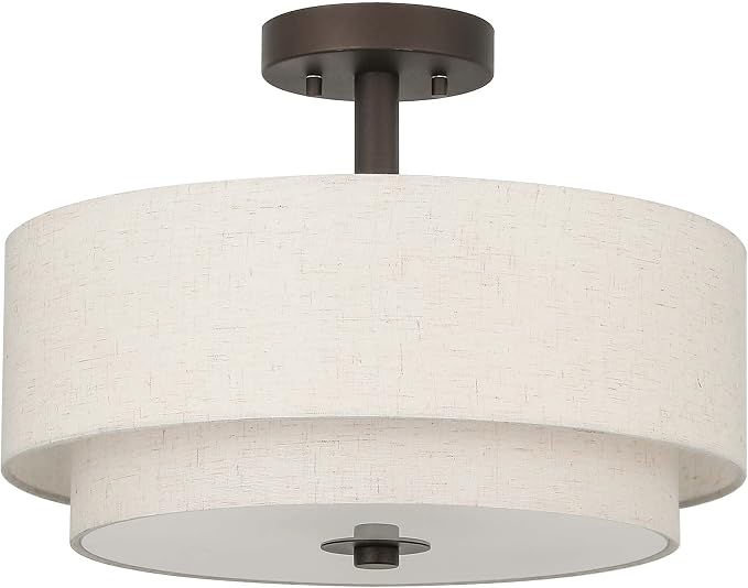 XiNBEi Lighting 16" Linen Drum Semi Flush Ceiling Light for Dining, Bronze | 3-Light Fixture Ceiling Mount, Fabric Shade, Modern Close to Ceiling Light, For Bedroom Living Room Kitchen Entryway