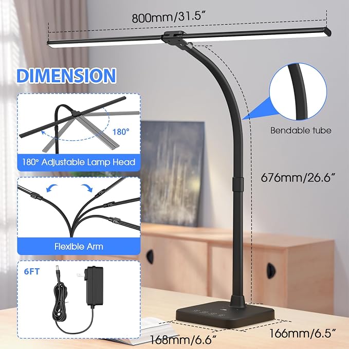 ShineTech LED Desk Lamp, 24W Double Head Desk Light with Wireless Charging | 5000K Daylight White, 25 Lighting Modes, USB Port, Dual Swing Arm, Eye-Caring, Auto Timer & Memory for Office Dorm Piano Nail