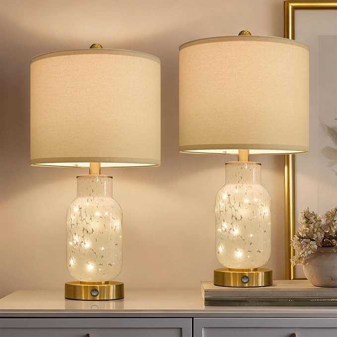 22" Glass Table Lamps Set of 2, White Modern Bedside Lamp with LED Night Light for Living Room, Nightstand Lamp with USB Ports for Bedrooms, Study Room, End Table(2 Bulbs Included)
