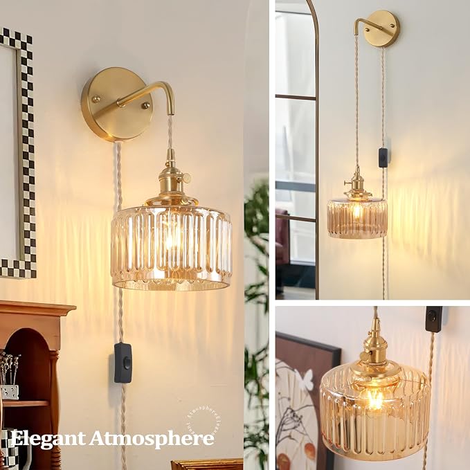 Shenmoyl Vintage Wall Sconce with Amber Striped Glass Shade Hanging Wall Sconce with 4.9FT Plug in Cord, Modern Wall Lamp Fixtures Decor for Bedside Bedroom Indoor Doorway, Set of 2