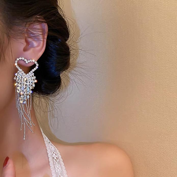 Luxval Rhinestone Earrings Dangling for Women Sparkly Silver Dangle Earrings Girls Long Chandelier Earrings Tassel Lightweight Ear Studs Cubic Zirconia Crystal Statement