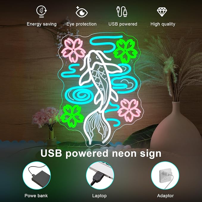 Koi Neon Sign LED Fish Light Up Japanese Decor in Home Bedroom Restaurant Fishes Pond Neon Sign in Koi Fish Decor with Cherry Blossoms LED Japanese Signs Gifts for Teens Sakura Lover