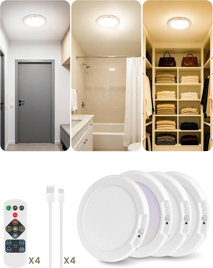 4 Pack Rechargeable Motion Sensor Ceiling Lights with Remote, Wireless Ceiling Light Battery Operated, Magnetic, 3CCT, Dimmable Shower Light, Motion Activated Light for Closet Bathroom Stairs Pantry