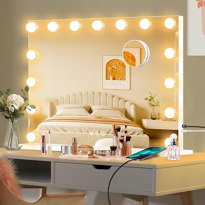 Moonee Vanity Mirror with Lights, Hollywood Lighted Makeup Mirror with 15 Dimmable Bulbs and 10X Magnification, 3 Colors Modes, Light Up Mirror, Perfect Valentine's Day Gift for Her（23" x 18"）