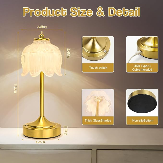 Cordless Table Lamp, Rechargeable White Glass Lotus Flower Lamp | 5200mAh touch lamp with 3 color modes and stepless dimming, battery operated lamp for nightstands and kitchen counters