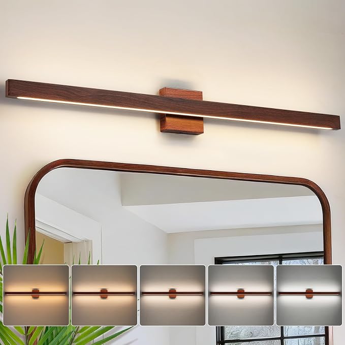 Modern Bathroom Light Fixtures Over Mirror, 39 Inch Brown Wood Finish Vanity Light Bar 30W Dimmable 5CCT LED Vanity Lights for Bathroom Wall Lighting Fixtures Over Mirror