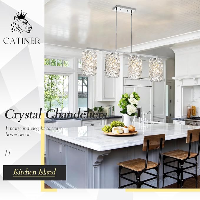 40" Chrome Crystal Linear Chandelier, 4-Light Kitchen Island Pendant | 40-inch chrome crystal linear chandelier with adjustable height, 4 E26 lights, dimmable for kitchen islands and dining rooms