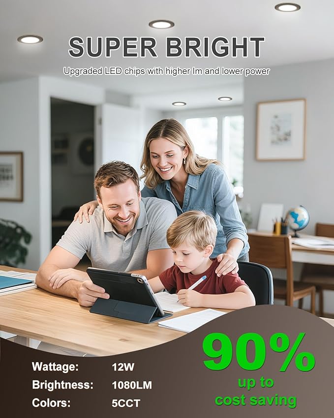 zouzai 24 Pack 6 Inch Black 5CCT Reset Ultra-Thin LED Recessed Ceiling Light with Junction Box, 2700K/3000K/3500K/4000K/5000K Selectable, 12W Eqv 110W,Dimmable- ETL and Energy Star Certified
