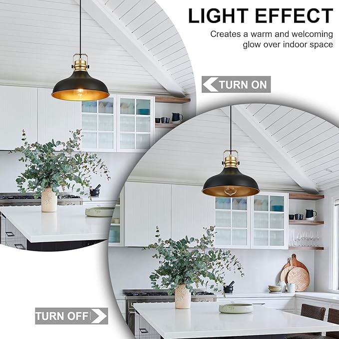 Black and Gold Pendant Lights Kitchen Island Fixtures | ETL Certificate,Industrial Adjustable Height Vintage Dome Hanging Light Fixtures for Barn,Dining Room 3 Pack