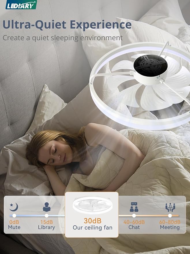 LEDIARY 23" Low Profile Ceiling Fans with Lights, APP & Remote, White | Flush Mount, Dimmable LED, Quiet DC Motor, Reversible, 6 Speeds, Fandelier, for Bedroom
