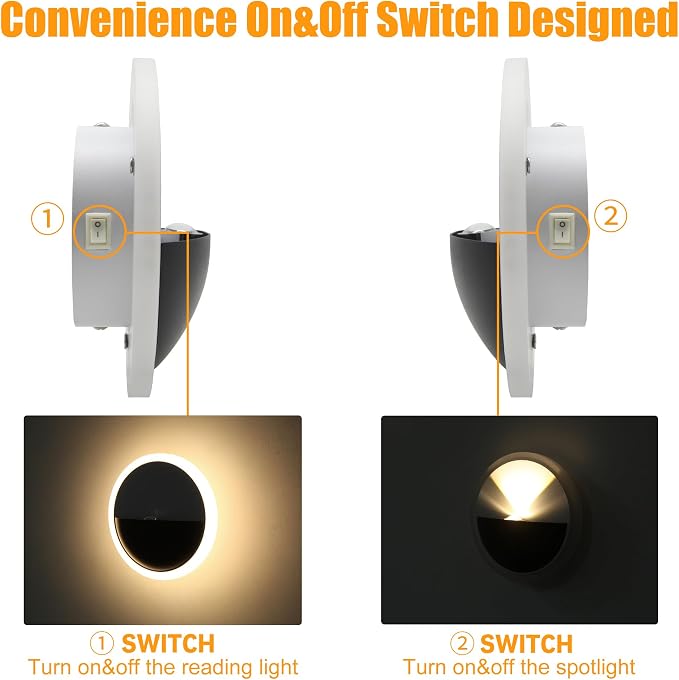 Facon RV Wall Sconce Reading Light - 6.25'' Dia, Dual-Zone Wall Lighting & Spot Light with Independent Switch, 12V RV Interior Light for Bedroom, Camper, Trailer, Tiny Homes