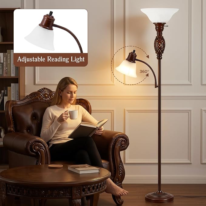70" Floor Lamp with Night Light, Gooseneck Reading Light, Bulb Included | Torchiere Floor Lamps for Living Room, Vintage Standing Lamp for Bedroom, Retro Floor Lamp with Rotary Switch, Glass Shade