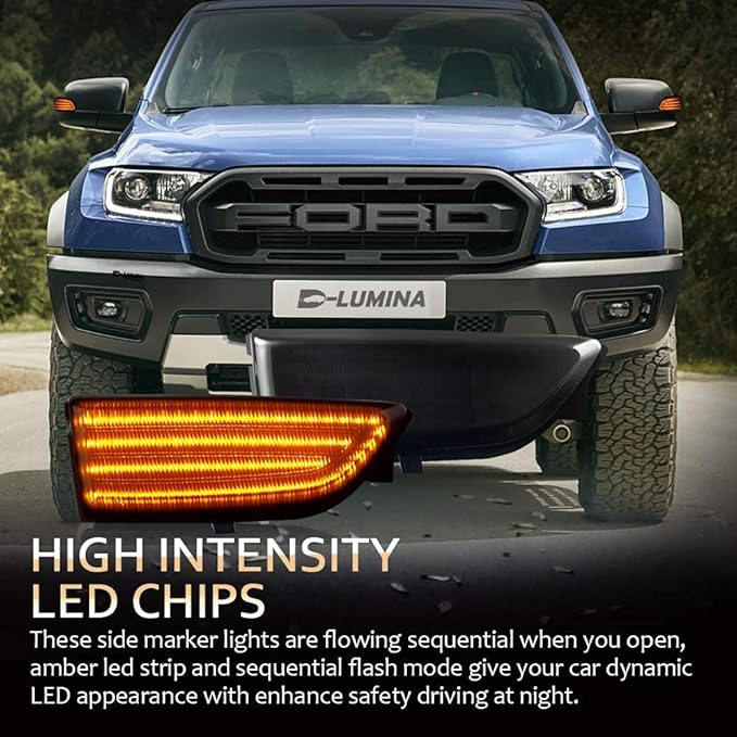 D-Lumina Sequential LED Turn Signal Side Mirror Lights Smoked Lens Fit 2012-2019 Fo-rd Ranger T6 Raptor Wildtrak and 2015-2019 Everest, Dynamic Side Mirror Marker Light Replace Factory Amber Reflector