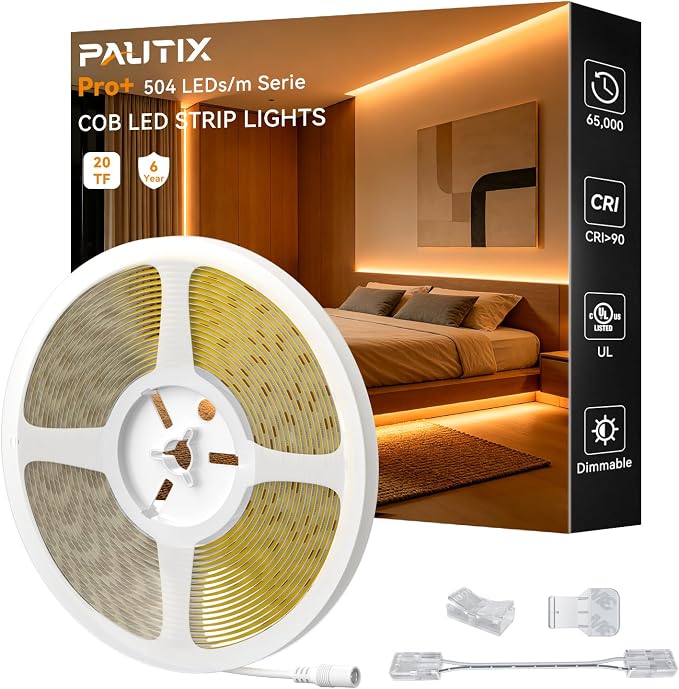 PAUTIX COB LED Strip Light 20ft/6.1m 3087LEDs Warm White 2000K CRI90+ High Lumen,DC24V Flexible LED Tape for Cabinet Home DIY Lighting Projects with 1pcs COB Connector Wire(Power Supply Not Included)