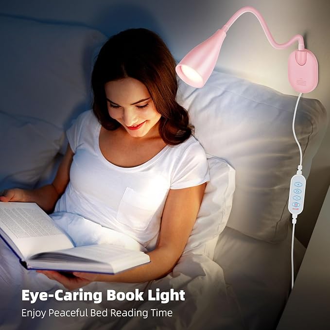LED Wall Mounted Bedside Reading Light, 3 Color Modes,10 Brightness Dimmable, USB Charging Port, Adhesive Wall Lamp Night Light for Books in Bed, Flexible Neck Eye-Caring Bedroom Lighting Pink