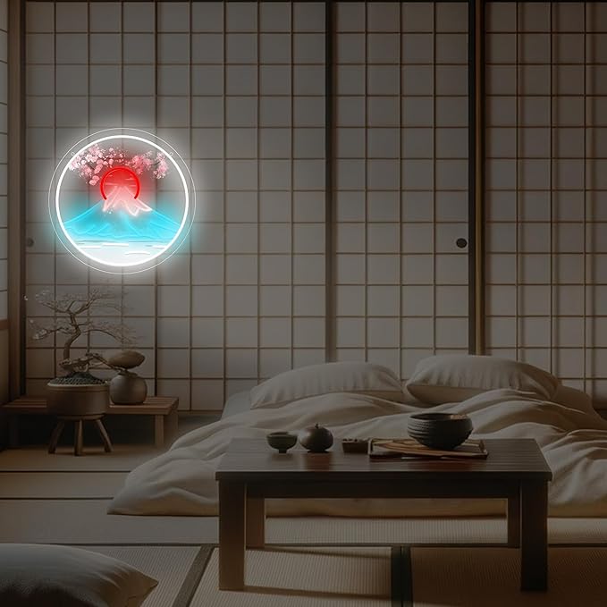 Mount Fuji Sunrise LED Neon Sign with Cherry Blossom, Japanese Sakura Style Wall Decor, USB Powered Neon Light for Bedroom, Living Room & Aesthetic Home Decor Holiday Birthday Gifts