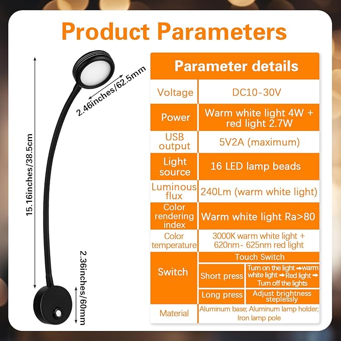 2 Pieces 12v Rv Reading Light Bedside Lamp Dimmable Wall Mounted Reading Light with USB Charging 3000k Warm White Flexible Gooseneck Bed Lamp for for Rv Interior Camper Van Boat (Black)
