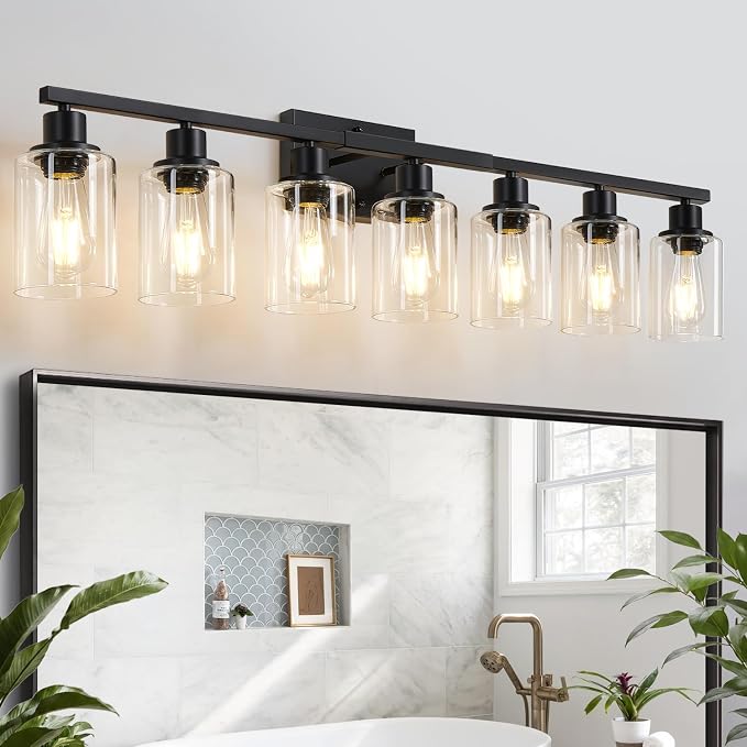 MOKATNG 7-Light Bathroom Light Fixtures, Vanity Light with Clear Glass Shades, Matte Black Bathroom Light Fixtures Over Mirror, Modern Bathroom Wall Lamp for Mirror Living Room Cabinet Bedroom