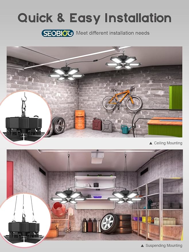 LED Garage Lights 6 Pack, 20000LM Plug in Shop Light Bay Lighting 6500K | 200W Ultra Bright, Linkable Design, 6 Deformable LED Panels, for Garage workshop Basement