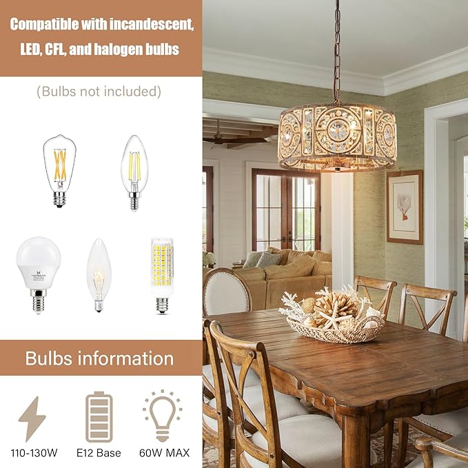 Bronze Vintage Crystal Chandeliers for Dining Room 14.17" Drum Pendant Lights, Dining Room Light Fixtures Over Table, Hanging Chandelier for High Ceiling Kitchen Island Living Room Foyer