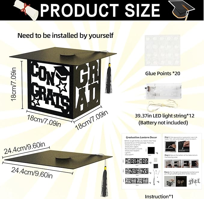 12 Pcs Graduation Table Centerpieces Boxes Class of 2026 Black Square Graduation Paper Lanterns with String Lights Hollow Out for Congrats Grad School College Table Decorations Grad Party Photo Props