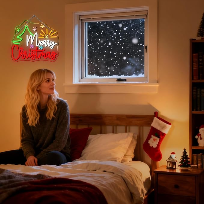 Merry Christmas Tree Neon Sign Dimmable With Christmas Tree and Sun Star Neon Signs Vibrant LED Neon Glowing Sign for Wall Decor Window Man Cave Bedroom Wedding Bar Party Gift New Year