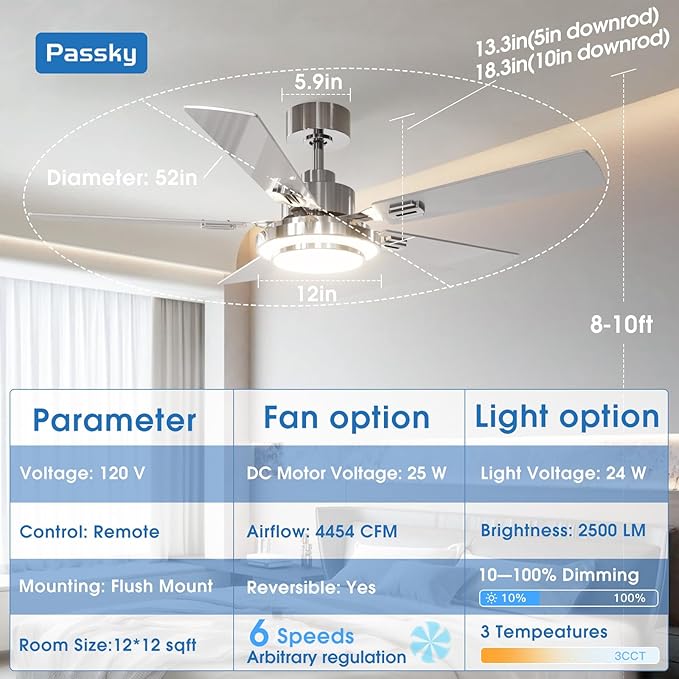 Passky 52 Inch Silver Sleek Ceiling Fans with 2-Ring Lights, Remote Control | 3-color dimmable light, quiet reversible DC motor, easy install, memory, Timer, bedroom, covered outdoor areas