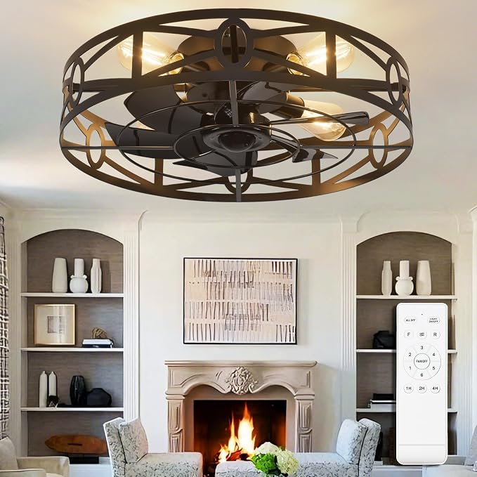 Depuley Flush Mount Ceiling Fan: 20" Caged Ceiling Fans with Remote Control for Patio Kitchen Bedroom - Low Profile Fandelier Lights Fixture Reversible 6 Speed Timer Black 4*E26 Bulb Not Included