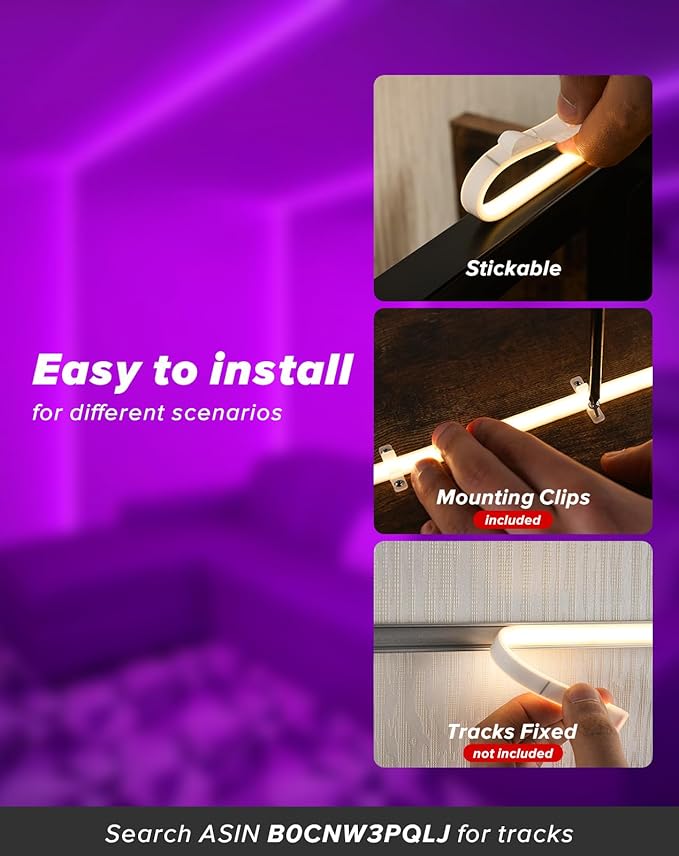 Shine Decor COB LED Rope Light AC 120V, 800lm Ultra Bright, IP65 Waterproof Cold-Resistant ETL Neon Strip, No Driver Tape Lighting for Home Commercial 10x4.5mm, Purple, 50ft