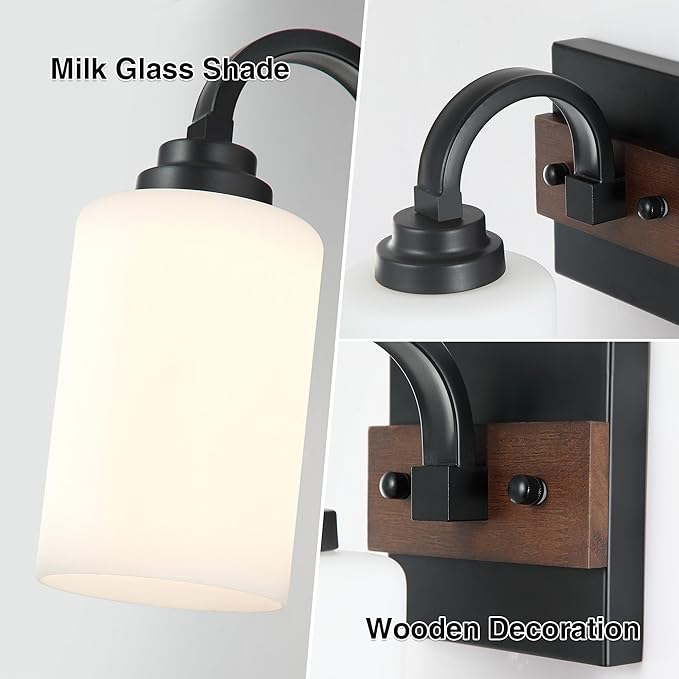 1-Light Milk Glass Wall Sconces, Farmhouse Vanity Light Fixtures for Bathroom, Black and Wood Wall Lighting, Wall Sconce for Hallway, Entryway, Bedroom, Living Room