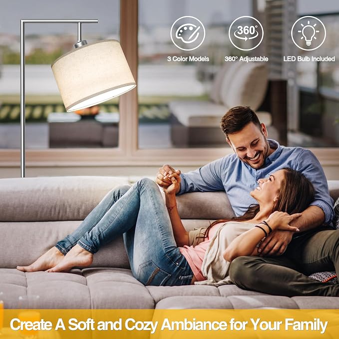 63" Silver Floor Lamp for Living Room, Modern Standing Lamp, 1 Pack | 3 Color Temperatures, Adjustable Beige Linen Lampshade, For Living Room Bedroom Office Classroom Dorm, 9W LED Bulb Included