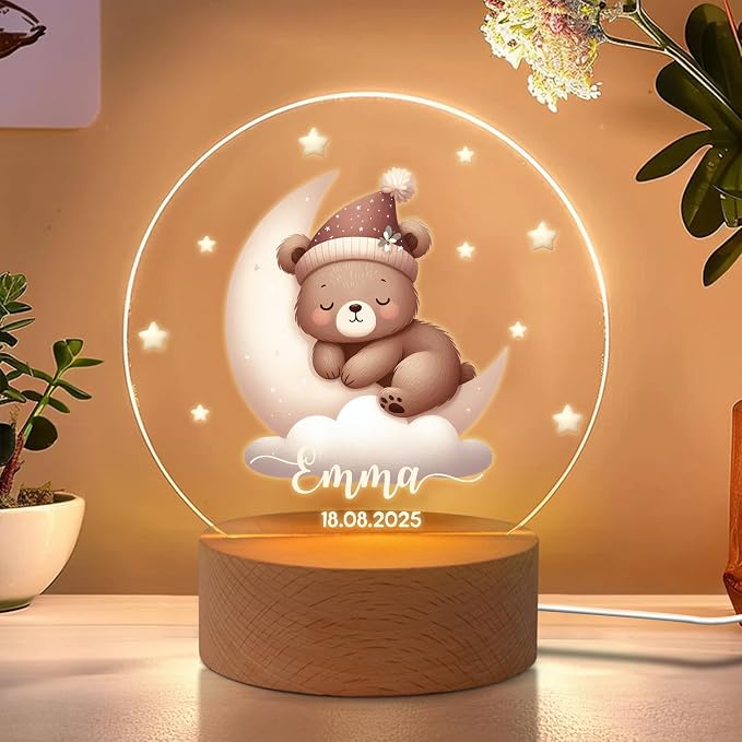 Personalized Sleeping Animals Night Light for Kids, Custom Name and Date LED Light with Wooden Base Nursery Decor Christmas Gift for Kids