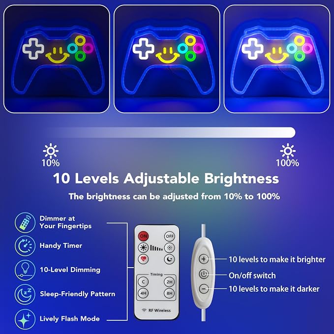 Gaming Neon Signs Controller LED Sign with Remote for Gamer Room Decor, Gamepad Shaped LED Neon Sign for Son Gamer Lovers Gifts, Game Neon Light Smile Face for Basement Bedroom Boys Man Cave Kids Teen