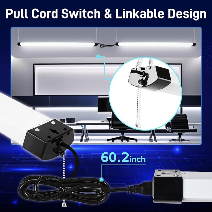 hykolity 4FT LED Shop Light Linkable,8000LM(300w Equivalent),5000K | 70W Utility Shop Lights for Garages, Workshops, Basements, Hanging or FlushMount, with Power Cord and Pull Chain, ETL, 4 Pack
