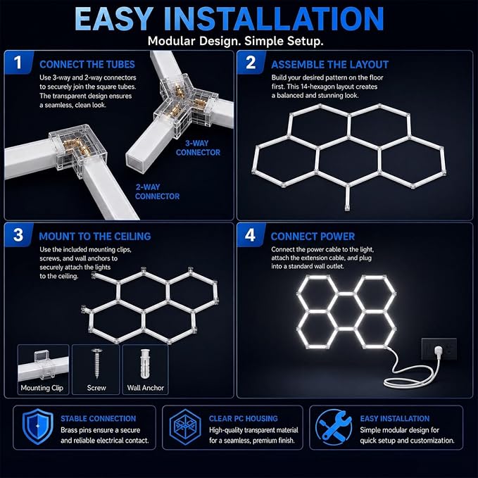 Hexagon LED Garage Light, 64500LM Ultra Bright 14-Hexagon 58-Tube Honeycomb Ceiling Lights, 6000K Daylight for Garage Gym, Car Detailing, Workshop, Warehouse & Auto Studio, DIY Hex Lights
