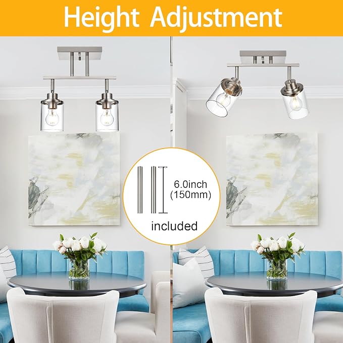 Yaohong 2-Light Track Lighting Kit Brushed Nickel Track Lighting Fixtures, Bathroom Wall Light Ceiling Mount Rotatable Spotlights, Kitchen Ceiling Light Fixtures with Glass Shade for Bathroom Hallway