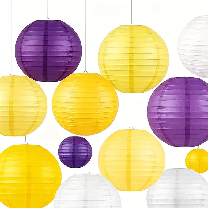 Purple Yellow Round Paper Lanterns Set of 12, 6/8/10 Inch Multi Colored Hanging Paper Lamp Decor for Basketball Party, Princess Gathering, Graduation, Birthday & Baby Shower Home Ornament