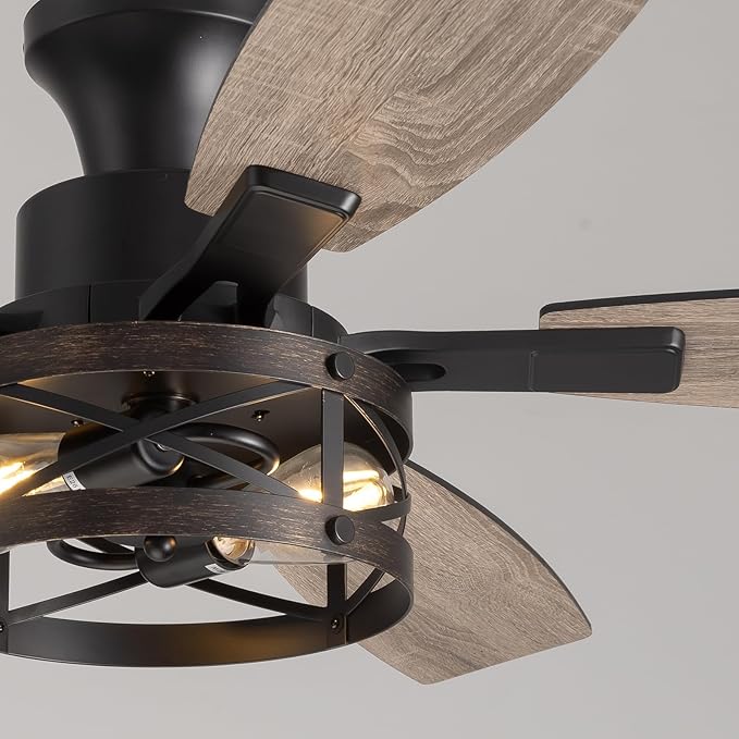 52 Inch Ceiling Fans with Lights and Remote & APP Control, Farmhouse Ceiling Fan with LED Lighting for Bedroom Living Room and Patio, Black Caged Ceiling Fan for Indoor and Outdoor(NO BULBS）