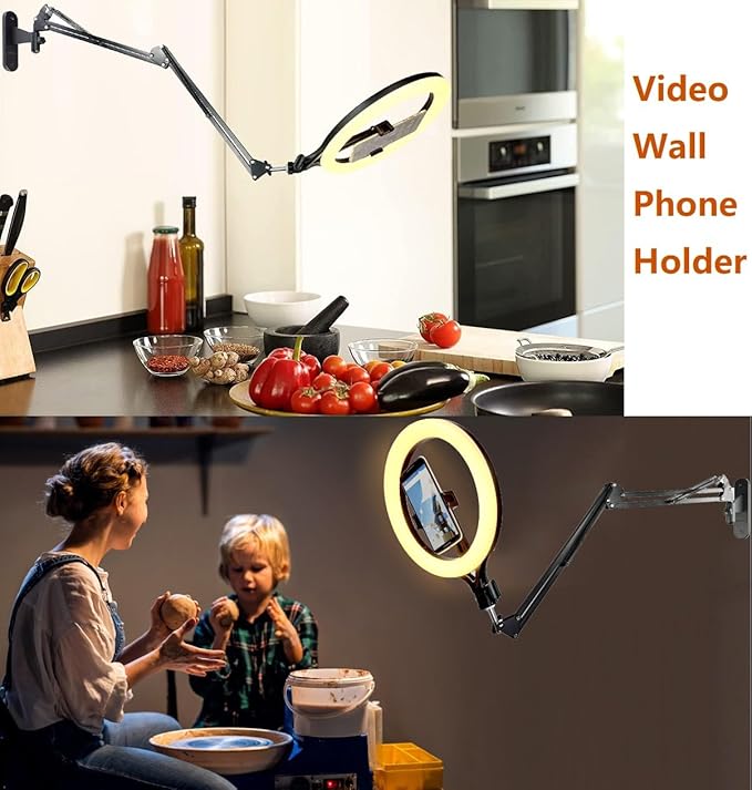 11'' Ring Light Wall Mount Phone Holder, Cell Phone Selfie Light with Wall Rotating Arm Compatible with iPhone 16 15 14 13 12 11 Xr Xs X pro max and Samsung Smartphones