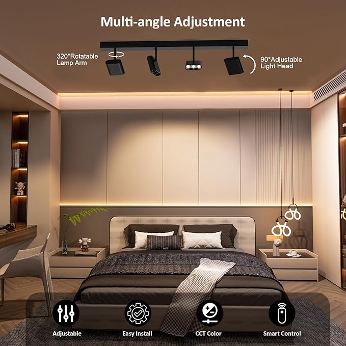 4 Light Heads Track Lighting Kit, Modern LED Track Lighting Fixtures Ceiling, Rotatable Light Heads with CCT 2700K-6000K & Brightness Dimming, Dimmable Ceiling Spot Lights for Living Room with Remote