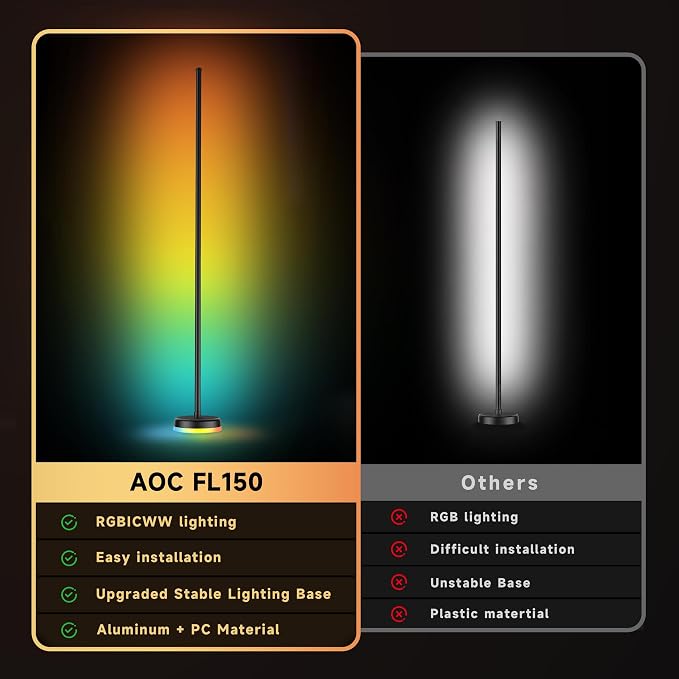 AOC Corner Floor Lamp, RGBICWW LED Floor Lamp with Glowing Base, Music Sync | App & Remote Control, 160 Million Colors, 68+ Scenes Color Changing, Ambient Lighting for Bedroom Living Room Home Office