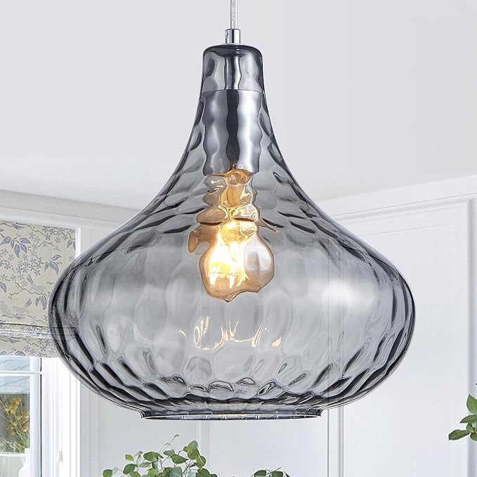Hammered Glass Pendant Light 11" Industrial Farmhouse Ceiling Light | Smoke Gray Glass Shade, Chrome Finish, E26, Adjustable Hanging Light for Kitchen Island, Dining Room, Entrywayv