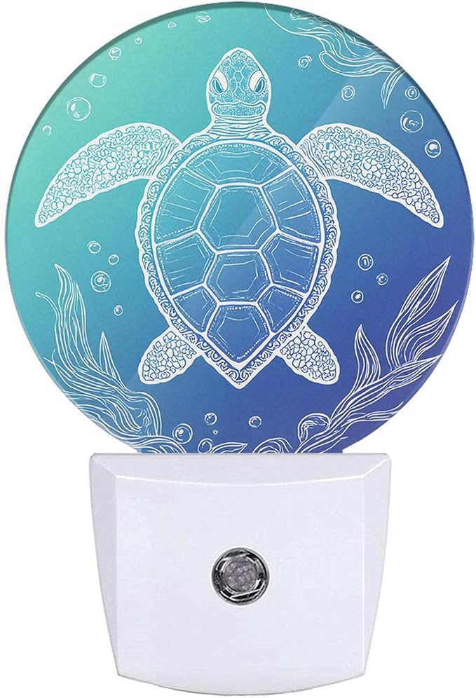 EKOBLA Sea Turtle Corals Fish Night Light with Dusk to Dawn Light Sensors, Blue Underwater Ocean Theme Plug-in Nightlight for Coastal Summer Home Decor, 0.5W Sleep Friendly