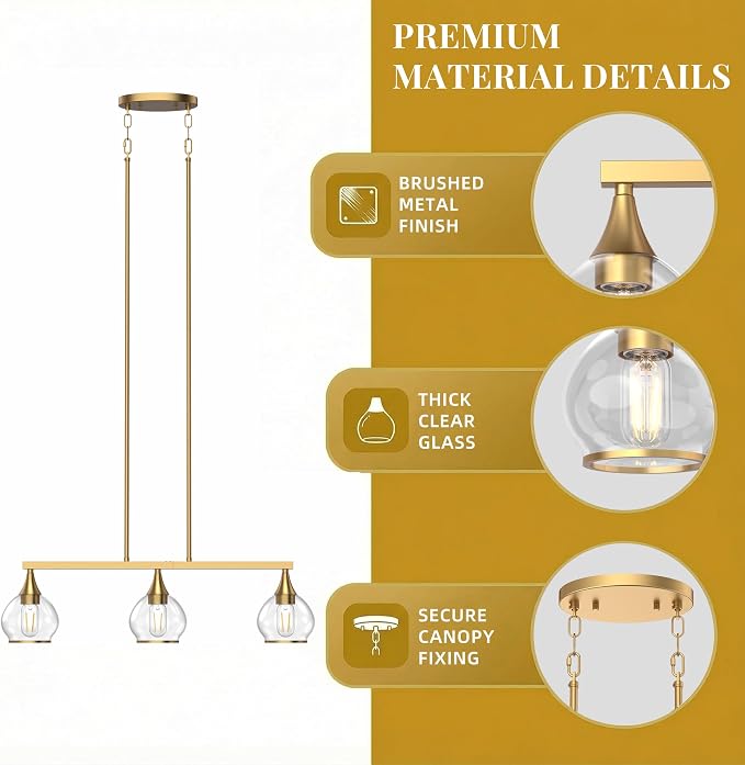 Kitchen Island Linear Pendant Light, 3-Light Gold Dining Room Chandelier with Clear Glass Globe Shades, Modern Linear Lighting Fixture Over Table